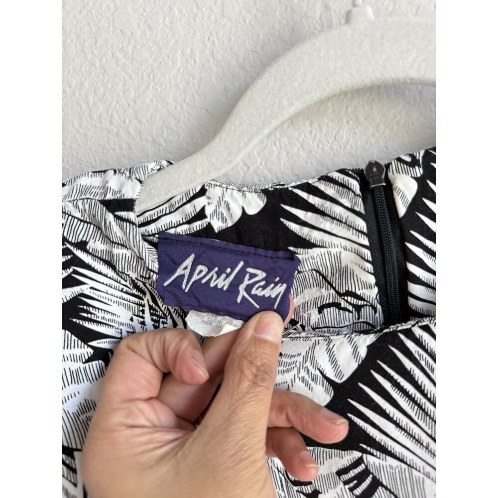 Vintage 1980s APRIL‎ RAIN Dress White Black Palm Print Dolman Long Sleeve 13-14 - Picture 5 of 13